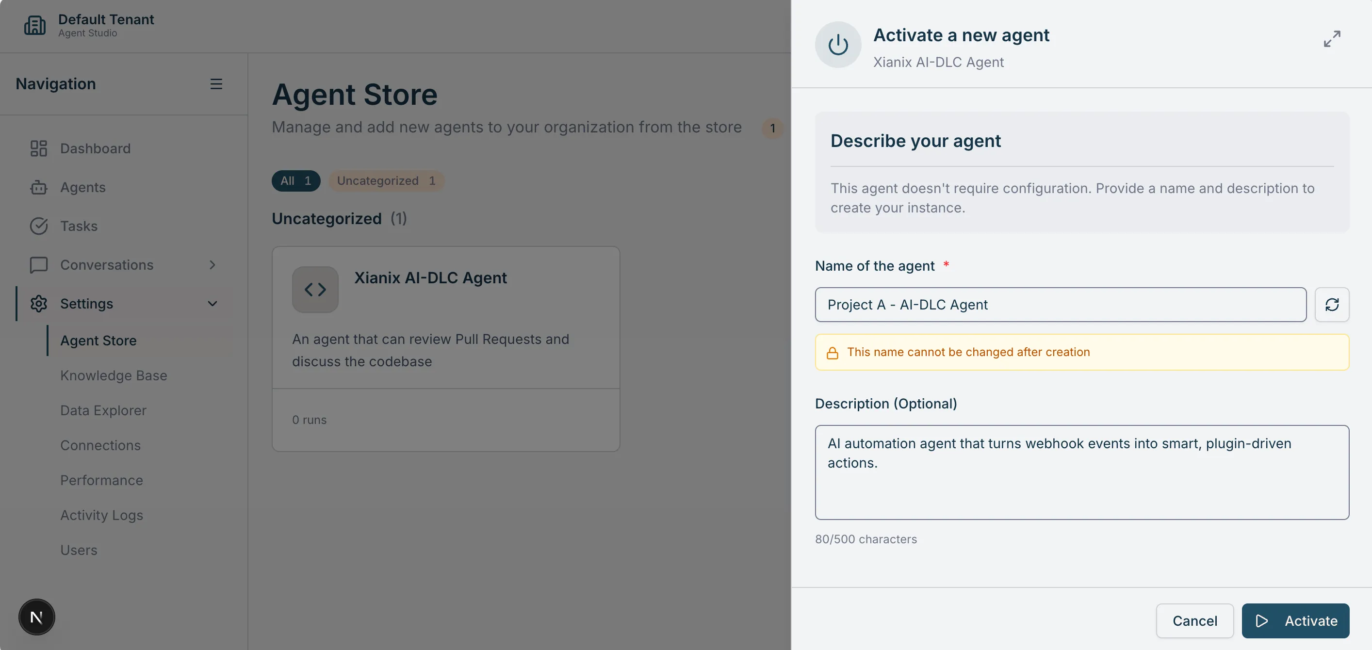 An activated agent instance running in the Agent Studio