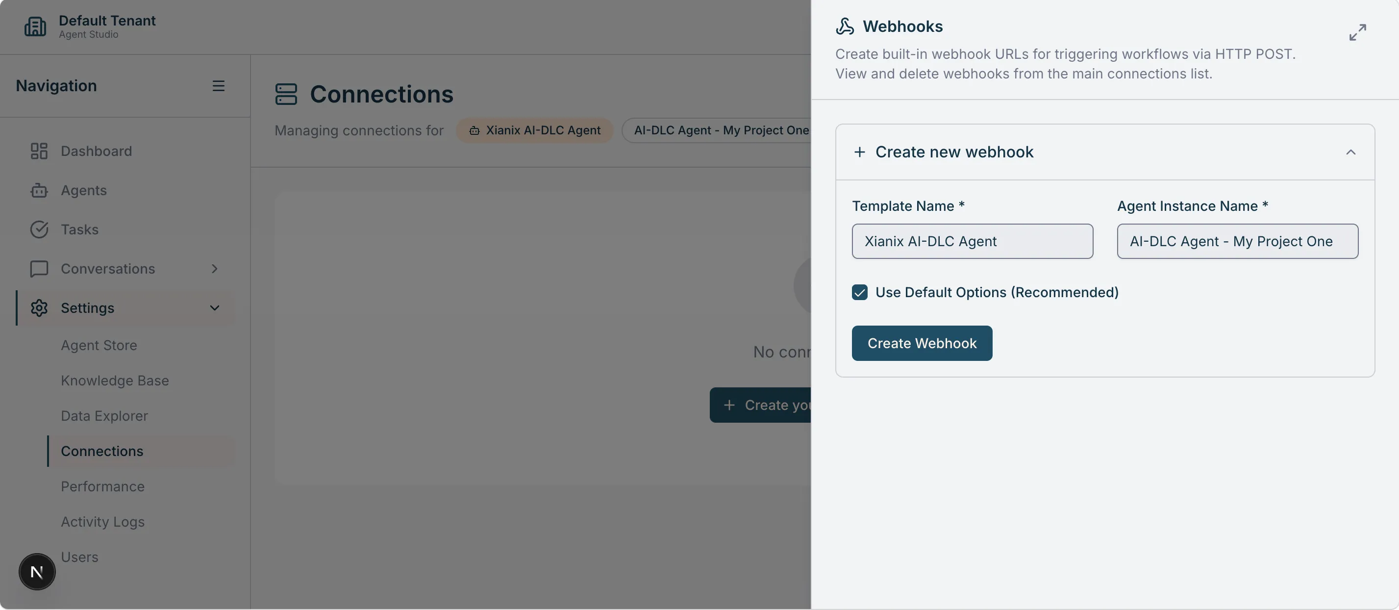 Creating a webhook connection for the agent